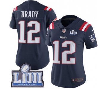 Women's New England Patriots #12 Tom Brady Navy Blue Nike NFL Rush Vapor Untouchable Super Bowl LIII Bound Limited Jersey