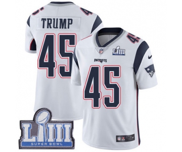 #45 Limited Donald Trump White Nike NFL Road Youth Jersey New England Patriots Vapor Untouchable Super Bowl LIII Bound