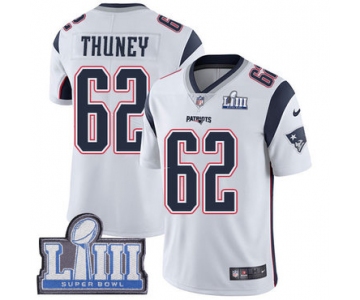 #62 Limited Joe Thuney White Nike NFL Road Youth Jersey New England Patriots Vapor Untouchable Super Bowl LIII Bound