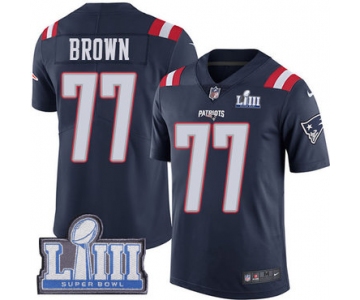 #77 Limited Trent Brown Navy Blue Nike NFL Youth Jersey New England Patriots Rush Vapor Untouchable Super Bowl LIII Bound