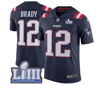 Youth New England Patriots #12 Tom Brady Navy Blue Nike NFL Rush Vapor Untouchable Super Bowl LIII Bound Limited Jersey