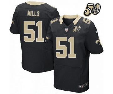 Men's New Orleans Saints #51 Sam Mills Black 50th Season Patch Stitched NFL Nike Elite Jersey