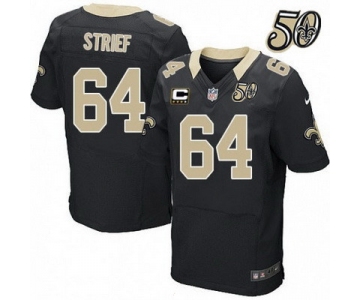 Men's New Orleans Saints #64 Zach Strief Black 50th Season Patch Stitched NFL Nike Elite Jersey with C Patch