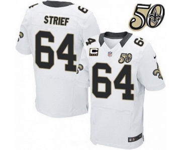 Men's New Orleans Saints #64 Zach Strief Elite White 50th Season Patch Stitched NFL Nike Elite Jersey with C Patch