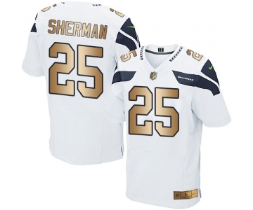 Nike Seahawks #25 Richard Sherman White Men's Stitched NFL Elite Gold Jersey