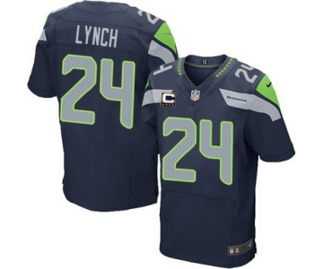 Nike Seattle Seahawks #24 Marshawn Lynch Navy Blue C Patch Elite Jersey