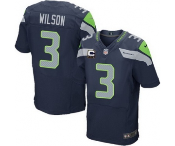 Nike Seattle Seahawks #3 Russell Wilson Navy Blue C Patch Elite Jersey