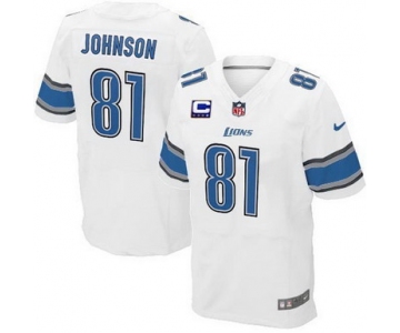 Nike Detroit Lions #81 Calvin Johnson White C Patch Elite Jersey