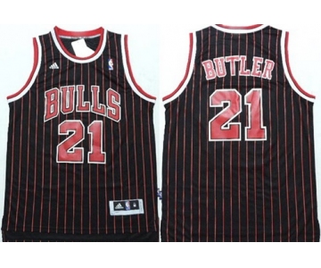 Chicago Bulls #21 Jimmy Butler Revolution 30 Swingman Black Pinstripe Jersey