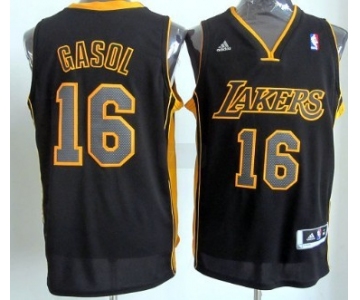 Los Angeles Lakers #16 Pau Gasol Revolution 30 Swingman All Black With Yellow Jersey