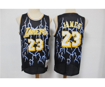 Men's Los Angeles Lakers #23 LeBron James Black Lightning Hardwood Classics Soul Swingman Throwback Jersey