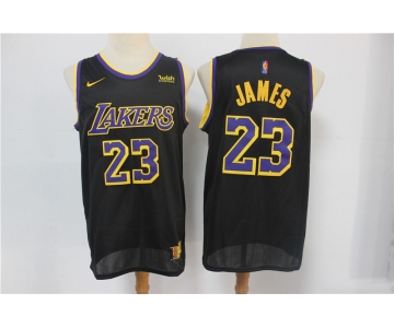 Men's Los Angeles Lakers #23 LeBron James Black Nike Swingman 2021 Earned Edition Stitched Jersey With NEW Sponsor Logo