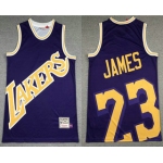 Men's Los Angeles Lakers #23 LeBron James Purple Big Face Mitchell Ness Hardwood Classics Soul Swingman Throwback Jersey