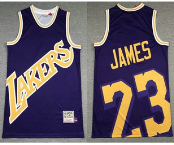 Men's Los Angeles Lakers #23 LeBron James Purple Big Face Mitchell Ness Hardwood Classics Soul Swingman Throwback Jersey