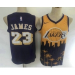 Men's Los Angeles Lakers #23 LeBron James Purple with Yellow Salute Nike Swingman Stitched NBA Jersey