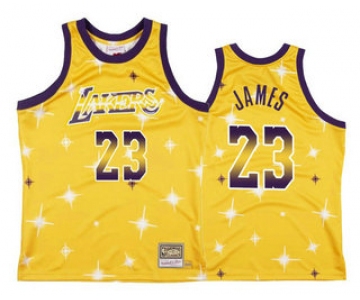 Men's Los Angeles Lakers #23 LeBron James Starry Yellow Hardwood Classics Soul Swingman Throwback Jersey