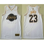 Men's Los Angeles Lakers #23 LeBron James White Gold Nike Swingman Stitched NBA Jersey