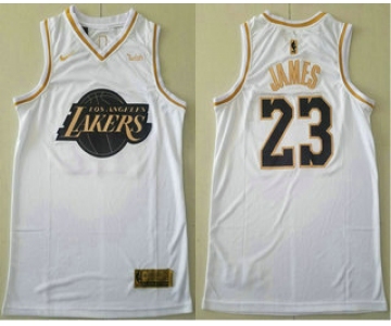 Men's Los Angeles Lakers #23 LeBron James White Gold Nike Swingman Stitched NBA Jersey