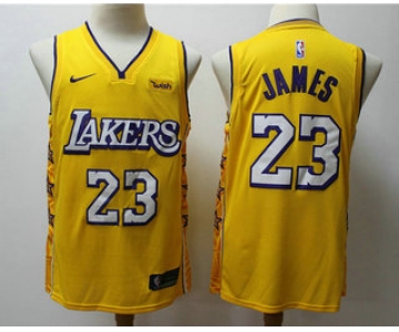 Men's Los Angeles Lakers #23 LeBron James Yellow 2020 Nike City Edition Swingman Jersey With The Sponsor Logo