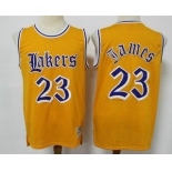 Men's Los Angeles Lakers #23 LeBron James Yellow English Version Hardwood Classics Soul Swingman Throwback Jersey