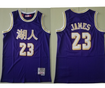 Men's Los Angeles Lakers #23 Lebron James Purple Chinese Hardwood Classics Soul Swingman Throwback Jersey