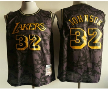 Men's Los Angeles Lakers #32 Magic Johnson 1984-85 Purple With Yellow Hardwood Classics Soul Swingman Throwback Jersey