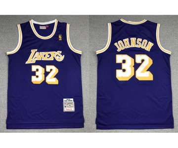 Men's Los Angeles Lakers #32 Magic Johnson Purple Gold NBA Hardwood Classics Soul Swingman Throwback Jersey