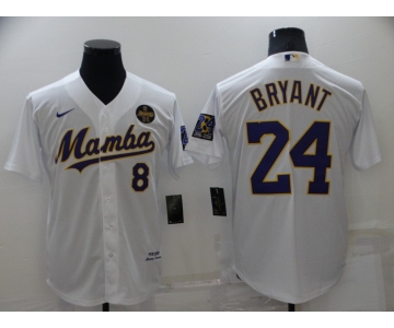 Men's Los Angeles Lakers #8 #24 Kobe Bryant Mamba White Stitched Cool Base Nike Baseball Jersey