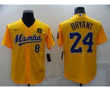 Men's Los Angeles Lakers #8 #24 Kobe Bryant Mamba Yellow Stitched Cool Base Nike Baseball Jersey