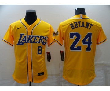 Men's Los Angeles Lakers #8 #24 Kobe Bryant Yellow Stitched Flex Base Nike Baseball Jersey