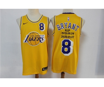 Men's Los Angeles Lakers #8 Kobe Bryant Yellow R.I.P Signed Hardwood Classics Soul Swingman Throwback Jersey