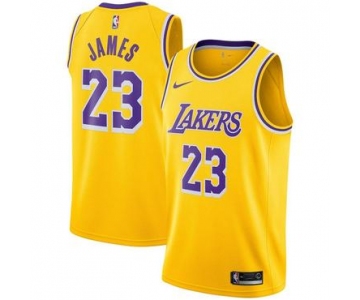 Men's Nike Los Angeles Lakers #23 LeBron James Purple Number Yellow Stitched NBA Jersey