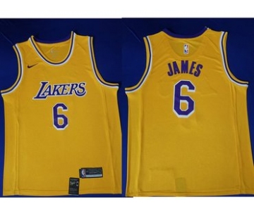 Men's Nike Los Angeles Lakers #6 LeBron James Purple Number Yellow Stitched NBA Jersey