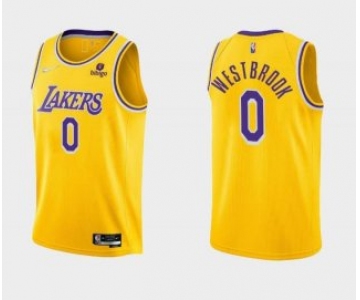 Men's Yellow Los Angeles Lakers #0 Russell Westbrook bibigo Stitched Basketball Jersey