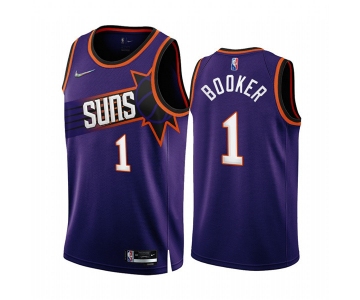 Men's Phoenix Suns #1 Devin Booker 2022-23 Purple 75th Anniversary Icon Edition Stitched Jersey