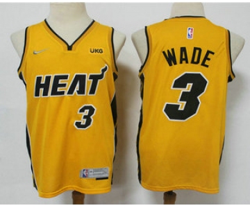Men's Miami Heat #3 Dwyane Wade Yellow Nike Swingman 2021 Earned Edition Stitched Jersey With NEW Sponsor Logo