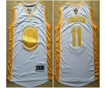 Golden State Warriors #11 Klay Thompson 2015 NBA Final Game Gold Name White Jersey