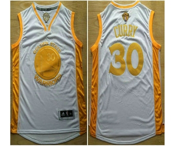 Golden State Warriors #30 Stephen Curry 2015 NBA Final Game Gold Name White Jersey