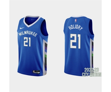 Men's Milwaukee Bucks #21 Jrue Holiday 2022-23 City Edition Blue Stitched Basketball Jersey