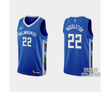 Men's Milwaukee Bucks #22 Khris Middleton 2022-23 City Edition Blue Stitched Basketball Jersey