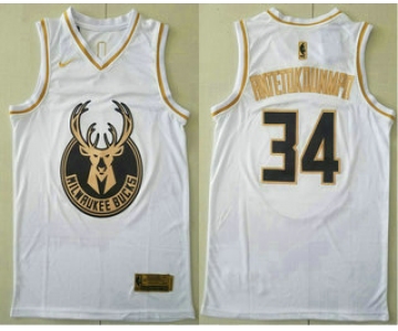 Men's Milwaukee Bucks #34 Giannis Antetokounmpo White Golden Nike Swingman Stitched NBA Jersey