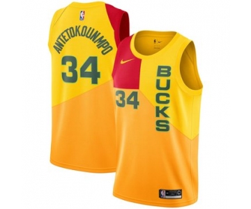 Men's Nike Milwaukee Bucks #34 Giannis Antetokounmpo 2018-19 City Edition Swingman Yellow Jersey