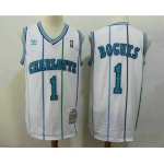 Men's Charlotte Hornets #1 Muggsy Bogues 1992-93 White Hardwood Classics Soul Swingman Throwback Jersey With Adidas