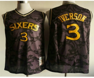 Men's Philadelphia 76ers #3 Allen Iverson 1996-97 Purple With Yellow Hardwood Classics Soul Swingman Throwback Jersey