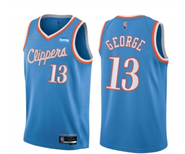 Men's Los Angeles Clippers #13 Paul George Light Blue 2021-22 City Edition 75th Anniversary Stitched Basketball Jersey