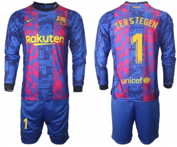 Men 2021-2022 Club Barcelona Second away blue Long Sleeve 1 Soccer Jersey