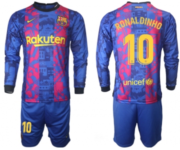 Men 2021-2022 Club Barcelona Second away blue Long Sleeve 10 Soccer Jersey