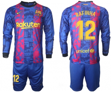 Men 2021-2022 Club Barcelona Second away blue Long Sleeve 12 Soccer Jersey