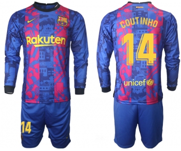 Men 2021-2022 Club Barcelona Second away blue Long Sleeve 14 Soccer Jerseys