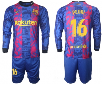 Men 2021-2022 Club Barcelona Second away blue Long Sleeve 16 Soccer Jersey